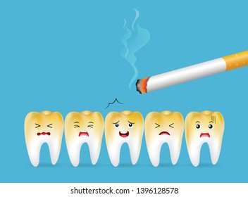 Teeth with cigarette. Smoking effect on human teeth. Dental care concept. Stop smoking, World No Tobacco Day. Illustration on blue background.