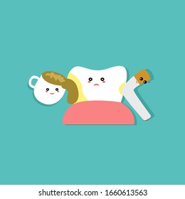 Teeth with cigarette. Smoking effect on human teeth. Dental care concept. Stop smoking, World No Tobacco Day. Illustration on blue background.