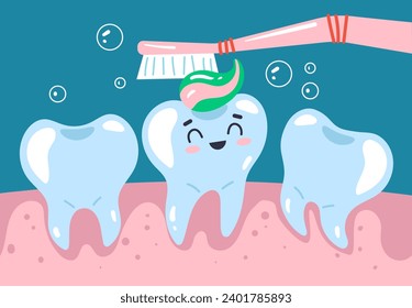 Concepto de cepillo dental para blanquear dientes limpios. Ilustración de diseño gráfico plano vectorial