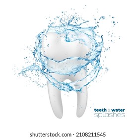 Teeth and clean water flow in swirl splash. Mouth rinse or mouthwash dental hygiene and care, vector. White tooth in water splash with drops splatter for teeth protection and healthy whitening