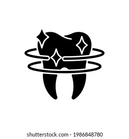 Teeth cleaning black glyph icon. Professional dental care. Instruments for dental treatment. Snow-white smile. Cosmetic dentistry. Silhouette symbol on white space. Vector isolated illustration