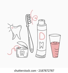 Equipo de limpieza y cuidado de adolescentes. Estilo de doodle.Ilustración vectorial, aislamiento de fondo.	