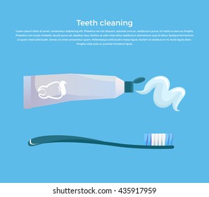 Teeth cleaning concept design banner flat. Template poster on brushing. Toothpaste and brush. Dental cleaning hygiene and health care or oral healthy stomatology. Vector illustration