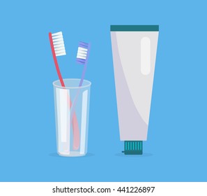 Teeth cleaning concept design banner flat. Template poster on brushing. Toothpaste and brush. Dental cleaning hygiene and health care or oral healthy stomatology. Vector illustration
