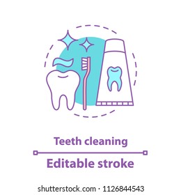 Teeth cleaning concept icon. Dentistry idea thin line illustration. Stomatology. Oral hygiene. Toothpaste, toothbrush and tooth. Vector isolated outline drawing. Editable stroke