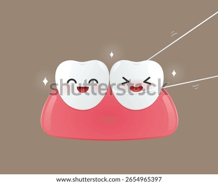 Teeth cleaning. Cute cartoon teeth showing proper dental hygiene with flossing and big smiles. Perfect for children’s dental care, oral health, and educational content. Dental floss