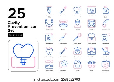 Teeth Cleaning and Dental Health. Flossing, Brushing, and Professional Care. Vector Illustration. Oultine duo tone icon set