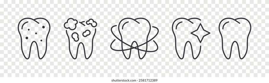 Teeth cleaning, dental tooth care outline icons set