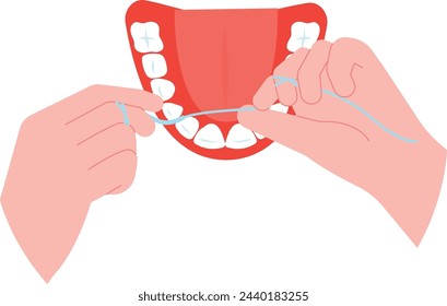 Teeth cleaning with floss. Oral hygiene. Dental health