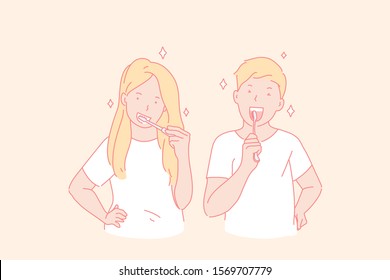 Teeth cleaning, healthy habit, healthcare concept. Young couple cleaning teeth, girl and boy with toothbrushes, dentifrice using, everyday morning procedure, oral care. Simple flat vector