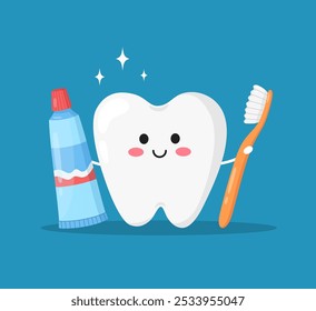 Ícone de limpeza dos dentes. Dente bonito bonito feliz com escova de dentes e pasta de dente. Conceito de odontologia de desenhos animados de higiene oral, cuidados dentários para crianças. Ilustração plana vetorial isolada no plano de fundo azul