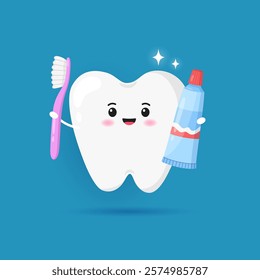 Teeth cleaning icon. Happy cute character tooth with toothbrush and toothpaste. Cartoon dentistry concept of oral hygiene, dental care for kids. Vector flat illustration isolated on blue background