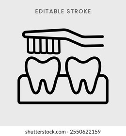 Vetor de ícone de limpeza de dentes. Dentes escovação dentária com símbolo de escova de dentes ícone do contorno. Traçado editável