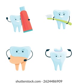 Teeth cleaning icons set cartoon vector. Tooth with toothbrush and toothpaste. Healthcare, dentistry