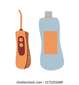 Teeth cleaning irrigator, mouthwash. Teeth care tools. Flat style vector illustration.