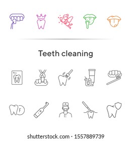 Teeth cleaning line icon set. Doctor, brush, toothpaste, fairy. Dental care concept. Can be used for topics like denture, dentist, pediatric dentistry
