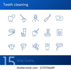 Teeth cleaning line icon set. Doctor, brush, toothpaste, fairy. Dental care concept. Can be used for topics like denture, dentist, pediatric dentistry