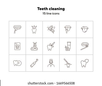 Teeth cleaning line icon set. Doctor, brush, toothpaste, fairy. Dental care concept. Can be used for topics like denture, dentist, pediatric dentistry