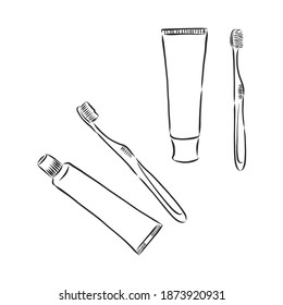 Equipo de limpieza de dientes. Instrumentos de higiene bucal. Ilustración dibujada a mano convertida en vectores. ilustración de la escoba vectorial de cepillo de dientes y pasta dental