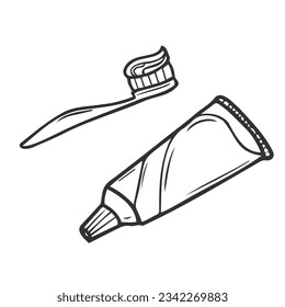 Zähne-Reinigungsset. Instrumente für Mundhygiene. Handgezeichnete Illustration in Vektorgrafiken umgewandelt. Zahnbürste und Zahnpasta, Vektorgrafik