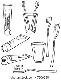 Equipo de limpieza de dientes. Instrumentos de higiene bucal. Ilustración dibujada a mano convertida en vectores.