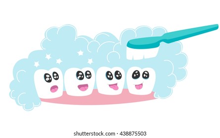 Teeth cleaning. The teeth and toothbrush. Funny teeth look at your toothbrush