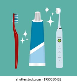 Limpieza de dientes. Pasta dental y cepillo. Objeto vector de color.