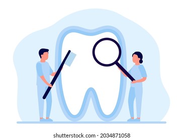 Teeth cleaning, whitening and treatment, checkup by dentist. Tooth restoration, repair, dental care. Oral hygiene. Prevention of dental diseases from dentist. Vector illustration