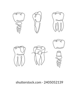 Implante de recolección de dientes, llaves, corona de dientes, dibujo de sellos dentales en línea plana sobre fondo blanco