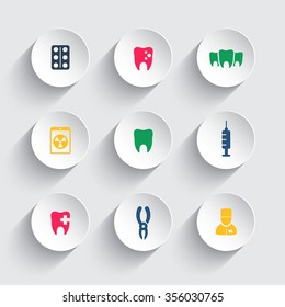 Teeth color icons on round 3d shapes, dental care, tooth cavity, toothcare, stomatology, tooth icon, vector illustration