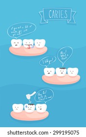 teeth comics about the cause of tooth decay, vector on blue