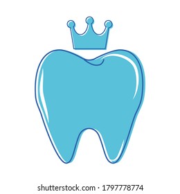 Teeth creative in blue colour with crown isolated on white background. Symbol, logo, modern clipart.