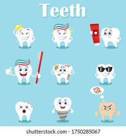 Teeth. Cute cartoon tooth on the blue background. Happy teeth set. Cute tooth characters. Dental personage vector illustration. Dental concept for your design.