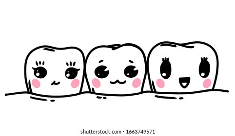 Teeth cute characters. Dental oral health care vector illustration. Dentistry, mouth hygiene. Outline graphic in black isolated over white.