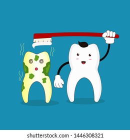 Teeth cute kawaii vector illustration, toothbrush for cleaning.