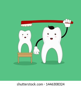 Teeth cute kawaii vector illustration, toothbrush for cleaning.