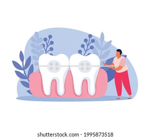 Teeth with dental braces and human character flat composition vector illustration