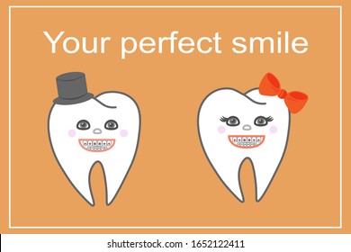 Los dientes y los cordones dentales sonríen. Imagen vectorial de un lindo sombrero de chico y arco de dientes. Marco para corregir dientes. Tu sonrisa perfecta.