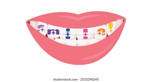 Teeth dental braces with word smile, isolated on white background, vector illustration