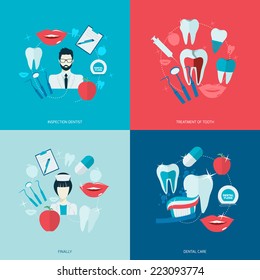 Teeth dental care health flat icons set with inspection dentist treatment isolated vector illustration