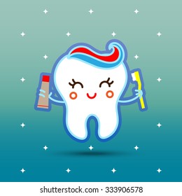Teeth dental care health flat icon isolated on gradient background vector illustration. Flat style cartoon vector icon. Cute character  teeth with toothpaste and brush tool.