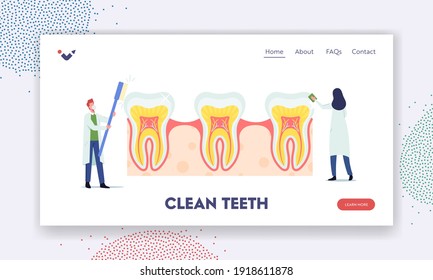 Teeth Dental Care Landing Page Template. Tiny Dentists Characters Checking Huge Tooth for Caries Cavity in Plaque. Doctors Hold Stomatology Tools Brush, Dentistry. Cartoon People Vector Illustration