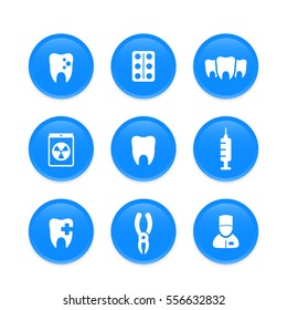 Teeth, dental care, stomatology, dentist icons on round blue shapes