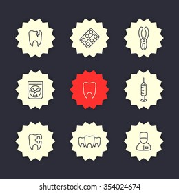 Teeth, dental care, tooth cavity, stomatology thin line icons, vector illustration