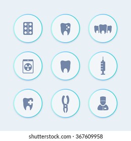 Teeth, dental care, tooth cavity, toothcare, stomatology round stylish icons, vector illustration