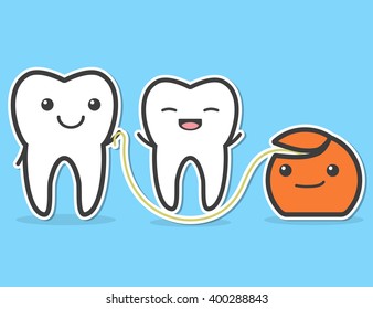 Teeth and dental floss. Floss is friend of teeth. concept. Vector illustration