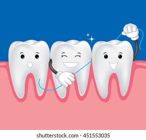 Teeth with dental floss for health care. dental care concept. illustration