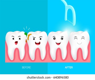 Dientes con hilo dental para atención médica. Antes y después, el concepto de cuidado dental. Caricatura dietética. Limpieza profunda, limpieza de procesos dentales.  ilustración sobre fondo azul.