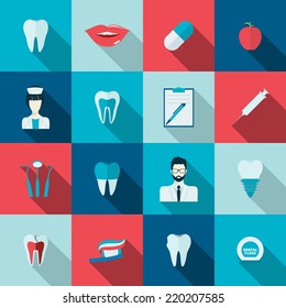 Teeth dental health flat icons set with nurse pulp dentist caries isolated vector illustration