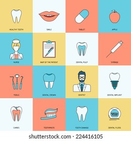 Teeth dental health flat icons set with smile tablet apple isolated vector illustration